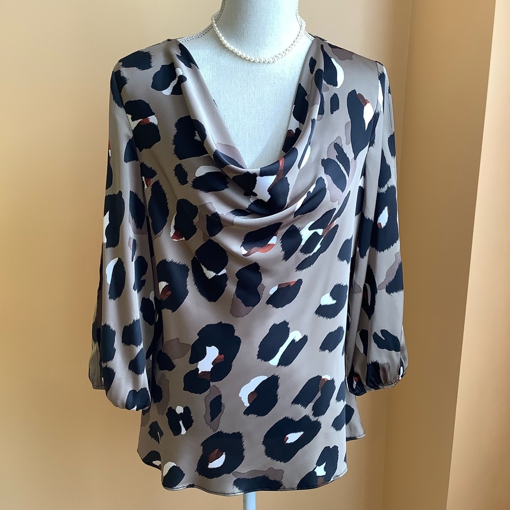 JOSEPH RIBKOFF Animal Print Cowl Neck Satin Blouse Size 10